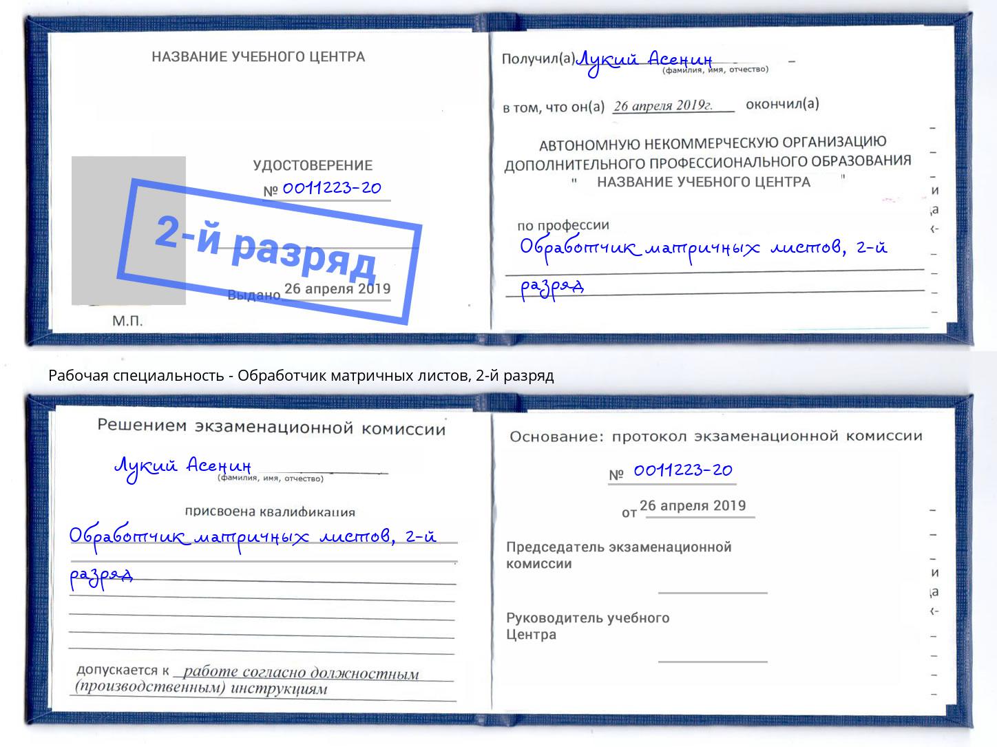 корочка 2-й разряд Обработчик матричных листов Красноярск